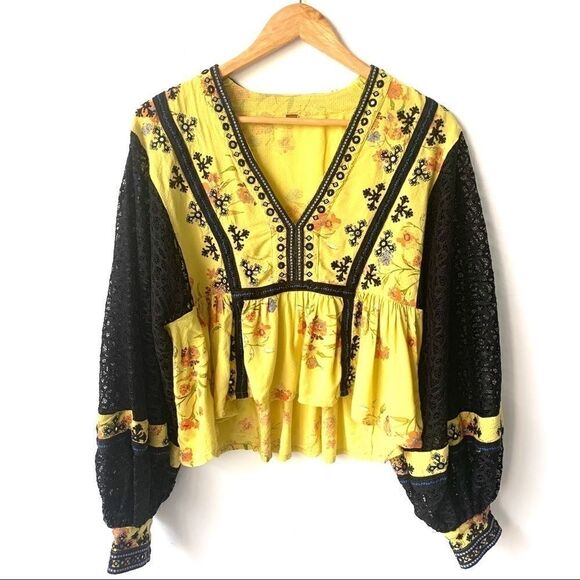 Free People Boho Yellow Embroidered Top - Picture 3 of 11